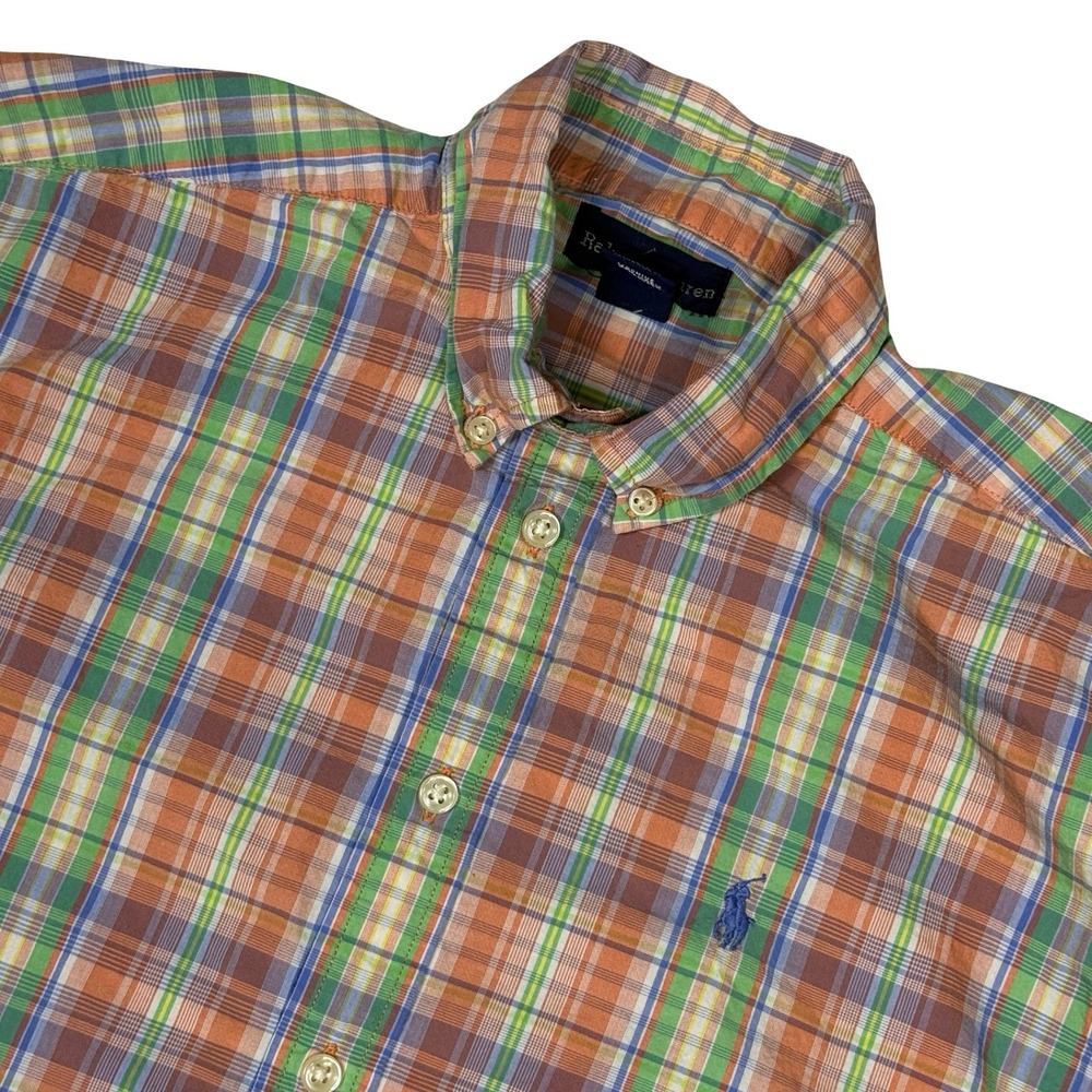 Ralph Lauren Boys Large Plaid Short Sleeve Button Down Shirt Orange Green Blue